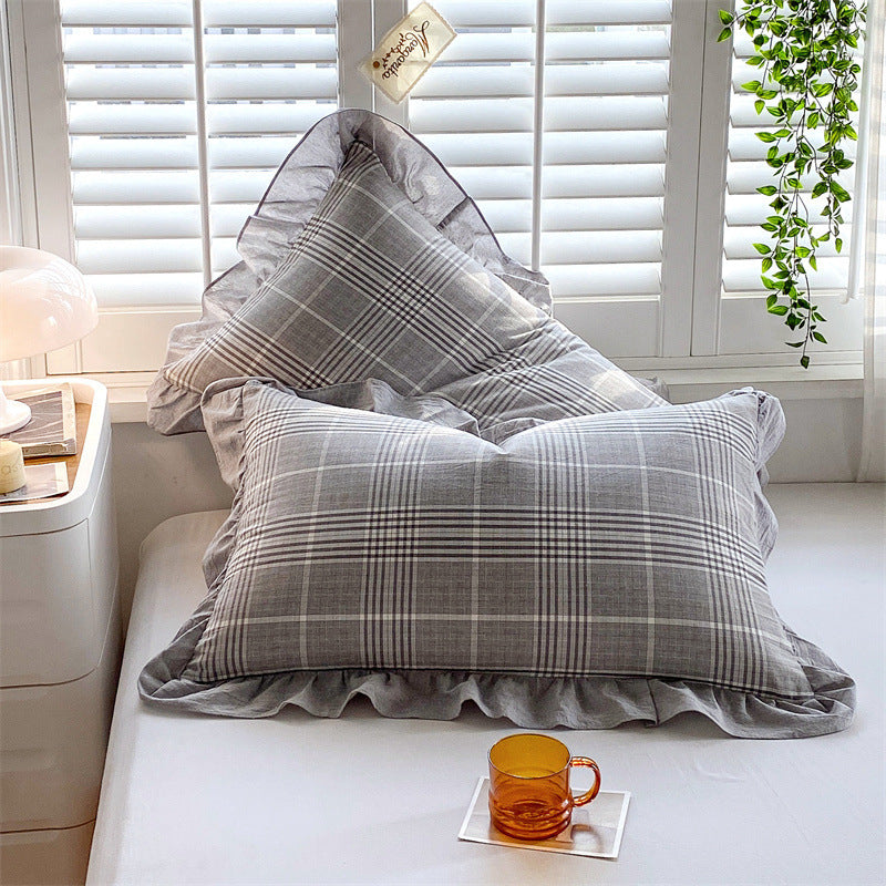 KTX-826707 Washed Cotton Pillowcase with Two Flounces - Soft Pure Cotton, Available in Single or Double Pack