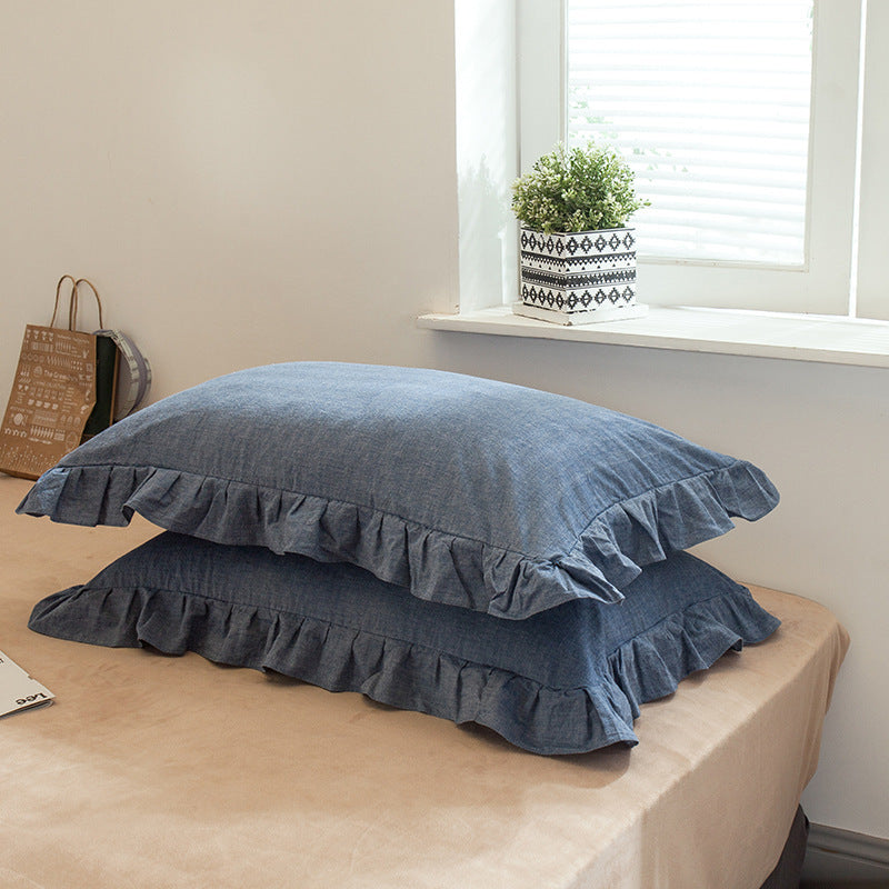 KTX-826707 Washed Cotton Pillowcase with Two Flounces - Soft Pure Cotton, Available in Single or Double Pack