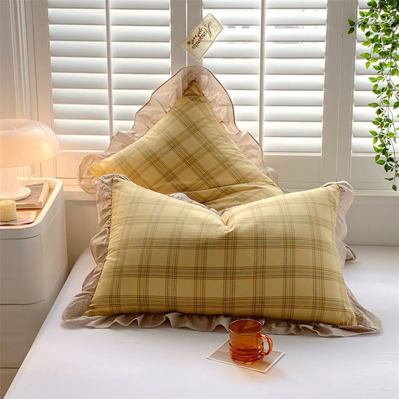 KTX-826707 Washed Cotton Pillowcase with Two Flounces - Soft Pure Cotton, Available in Single or Double Pack