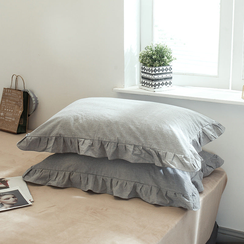 KTX-826707 Washed Cotton Pillowcase with Two Flounces - Soft Pure Cotton, Available in Single or Double Pack