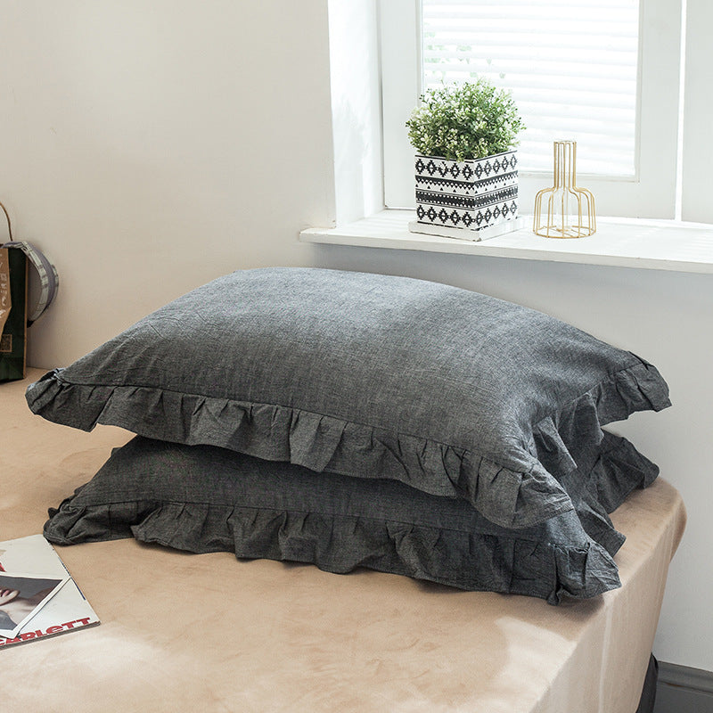 KTX-826707 Washed Cotton Pillowcase with Two Flounces - Soft Pure Cotton, Available in Single or Double Pack