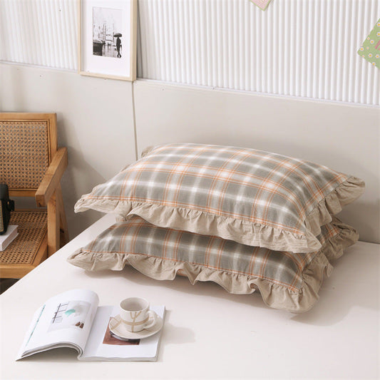 KTX-826707 Washed Cotton Pillowcase with Two Flounces - Soft Pure Cotton, Available in Single or Double Pack