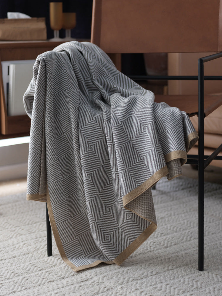 KTX-827475 Cozy Gray Knitted Chenille Wool Blanket with Geometric Pattern - Multiple Sizes Available