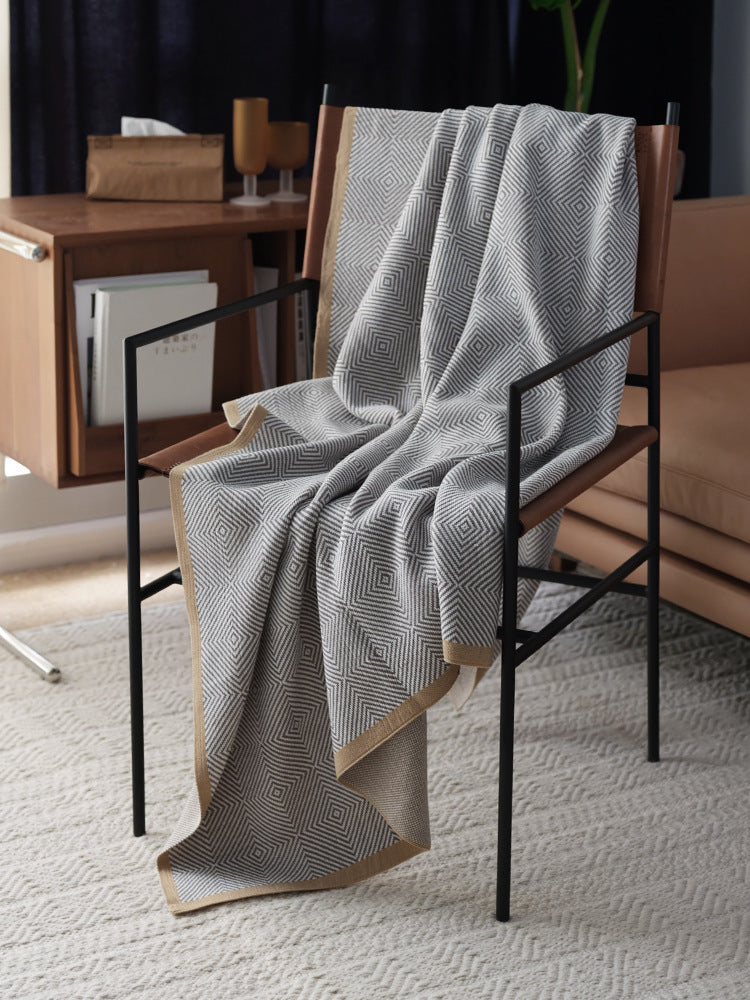 KTX-827475 Cozy Gray Knitted Chenille Wool Blanket with Geometric Pattern - Multiple Sizes Available