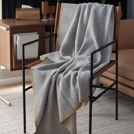 KTX-827475 Cozy Gray Knitted Chenille Wool Blanket with Geometric Pattern - Multiple Sizes Available