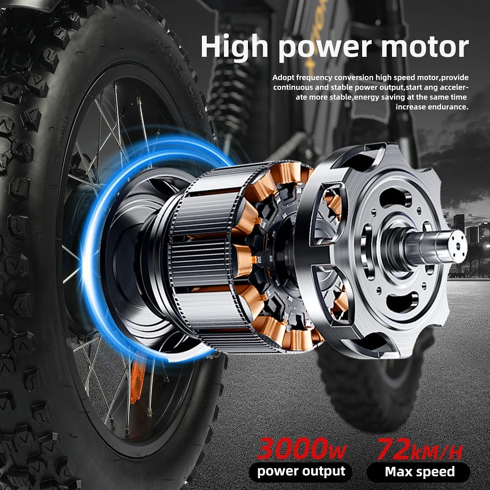 KTX-827603 Electric Mountain Bike 3000W Peak Power, 45MPH, 20Ah Removable Li-ion Battery, 7-Speed, Hydraulic Disc Brakes, Fat Tires, Aluminum Frame