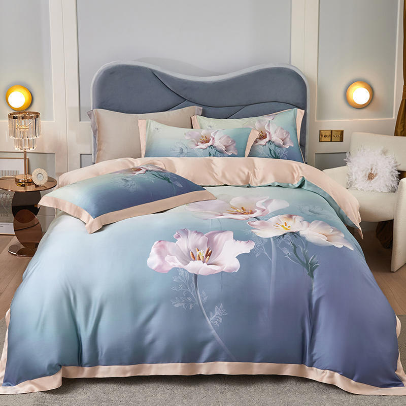 KTX-829203 Tencel Four-Piece Bedding Set with Floral Embroidery for 1.8m Beds