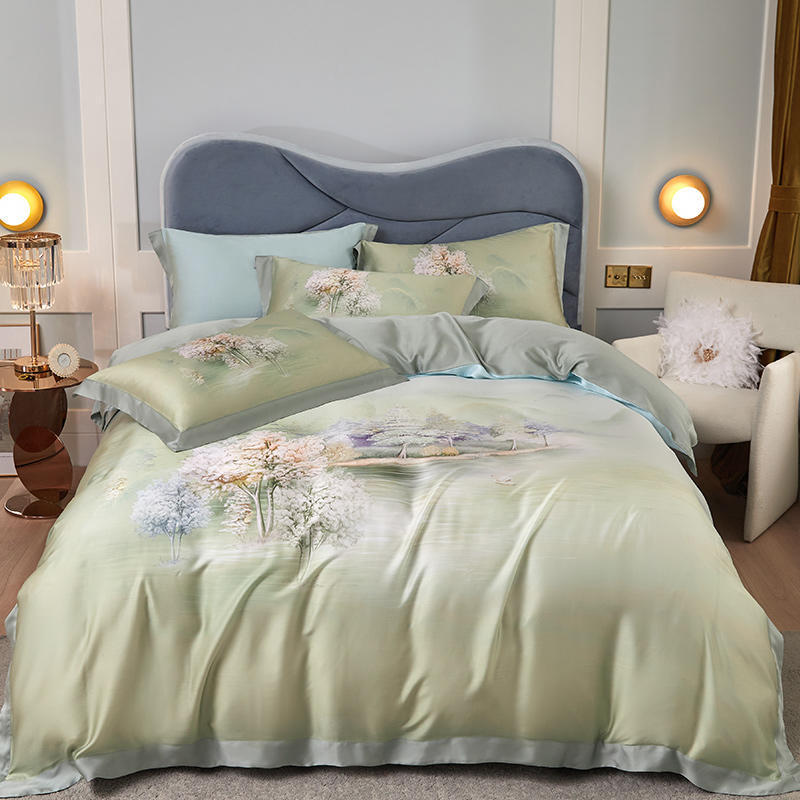 KTX-829203 Tencel Four-Piece Bedding Set with Floral Embroidery for 1.8m Beds