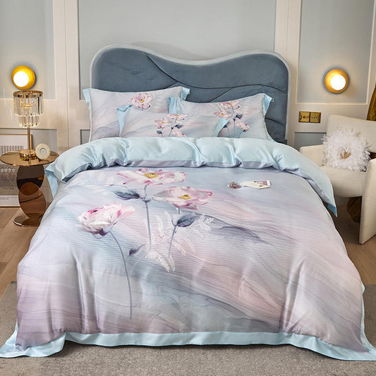 KTX-829203 Tencel Four-Piece Bedding Set with Floral Embroidery for 1.8m Beds