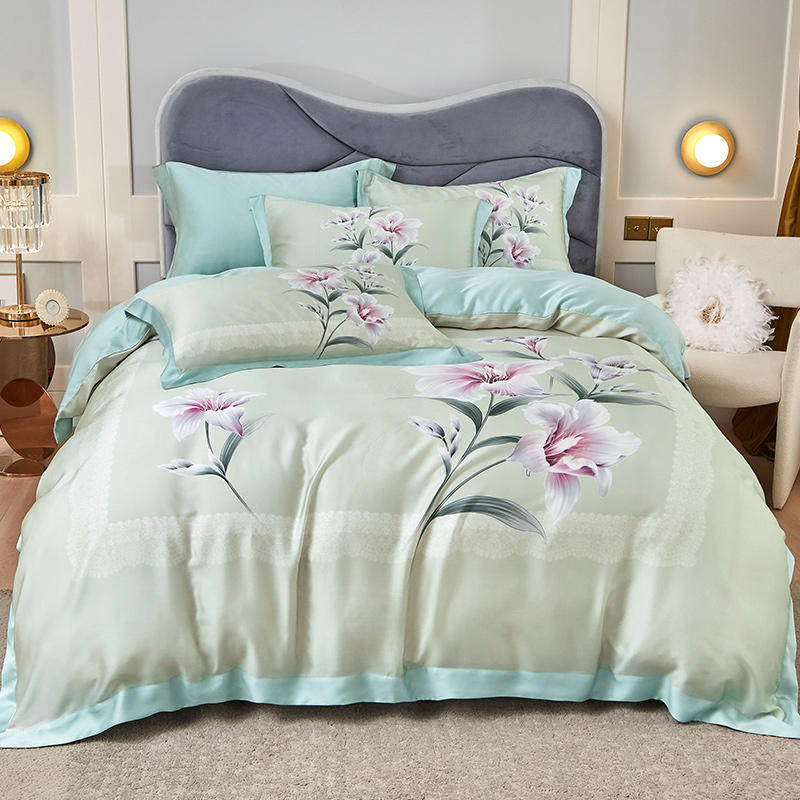 KTX-829203 Tencel Four-Piece Bedding Set with Floral Embroidery for 1.8m Beds