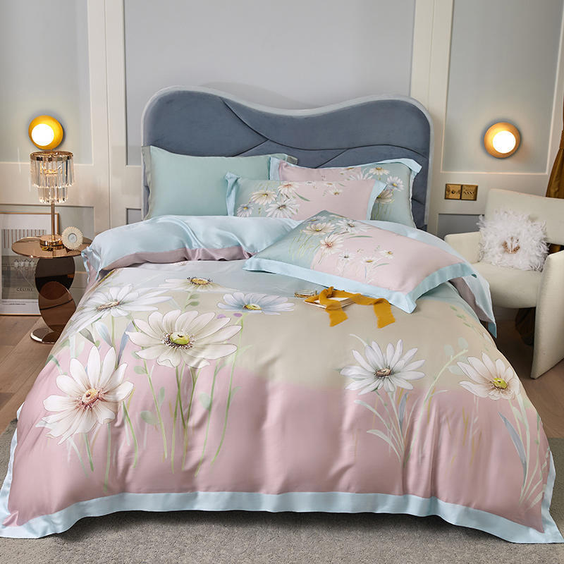 KTX-829203 Tencel Four-Piece Bedding Set with Floral Embroidery for 1.8m Beds
