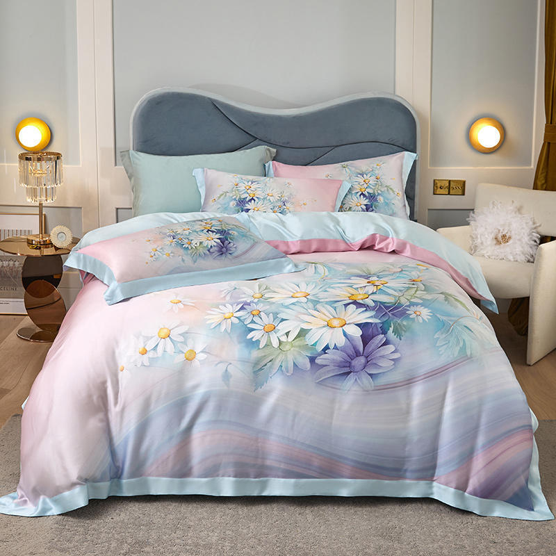 KTX-829203 Tencel Four-Piece Bedding Set with Floral Embroidery for 1.8m Beds