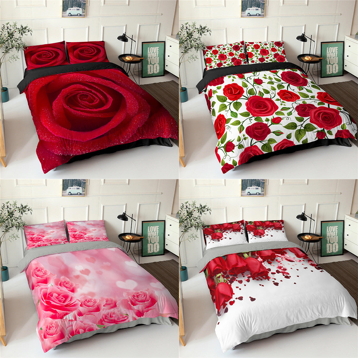KTX-830355 Digital Printed Rose Flower Three-Piece Bedding Set with Pillowcases in Various Sizes