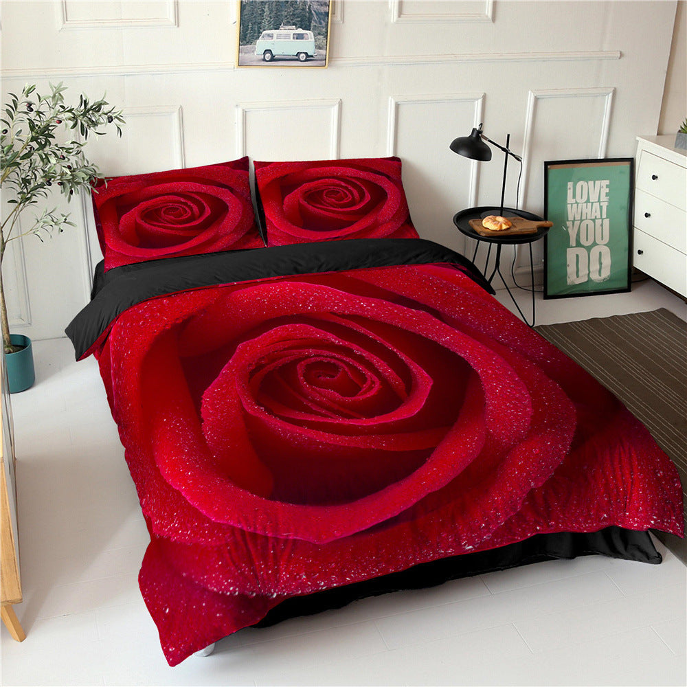 KTX-830355 Digital Printed Rose Flower Three-Piece Bedding Set with Pillowcases in Various Sizes