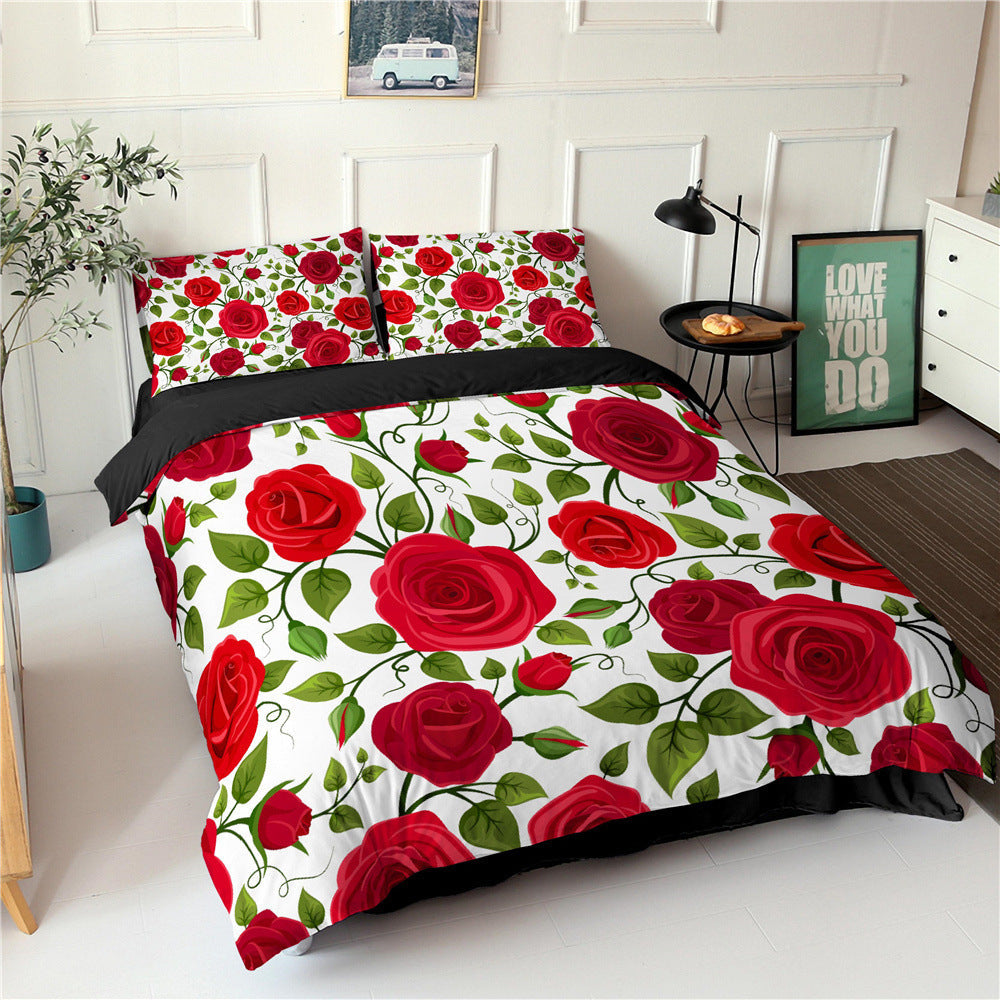KTX-830355 Digital Printed Rose Flower Three-Piece Bedding Set with Pillowcases in Various Sizes