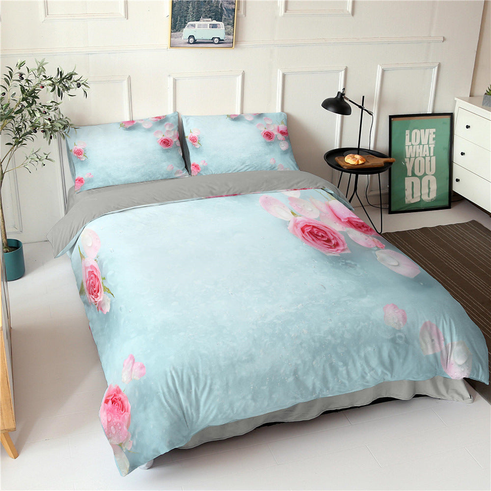 KTX-830355 Digital Printed Rose Flower Three-Piece Bedding Set with Pillowcases in Various Sizes