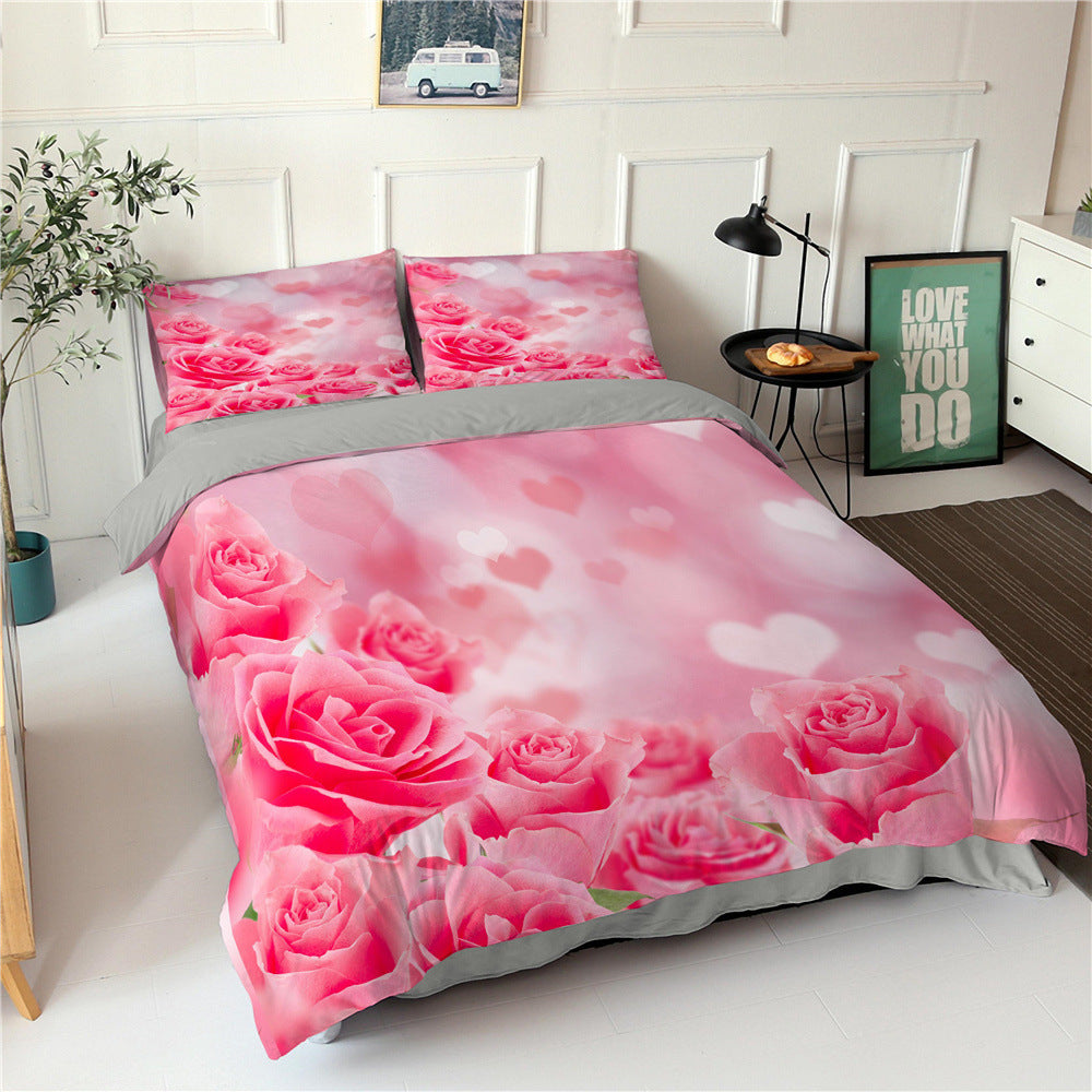 KTX-830355 Digital Printed Rose Flower Three-Piece Bedding Set with Pillowcases in Various Sizes
