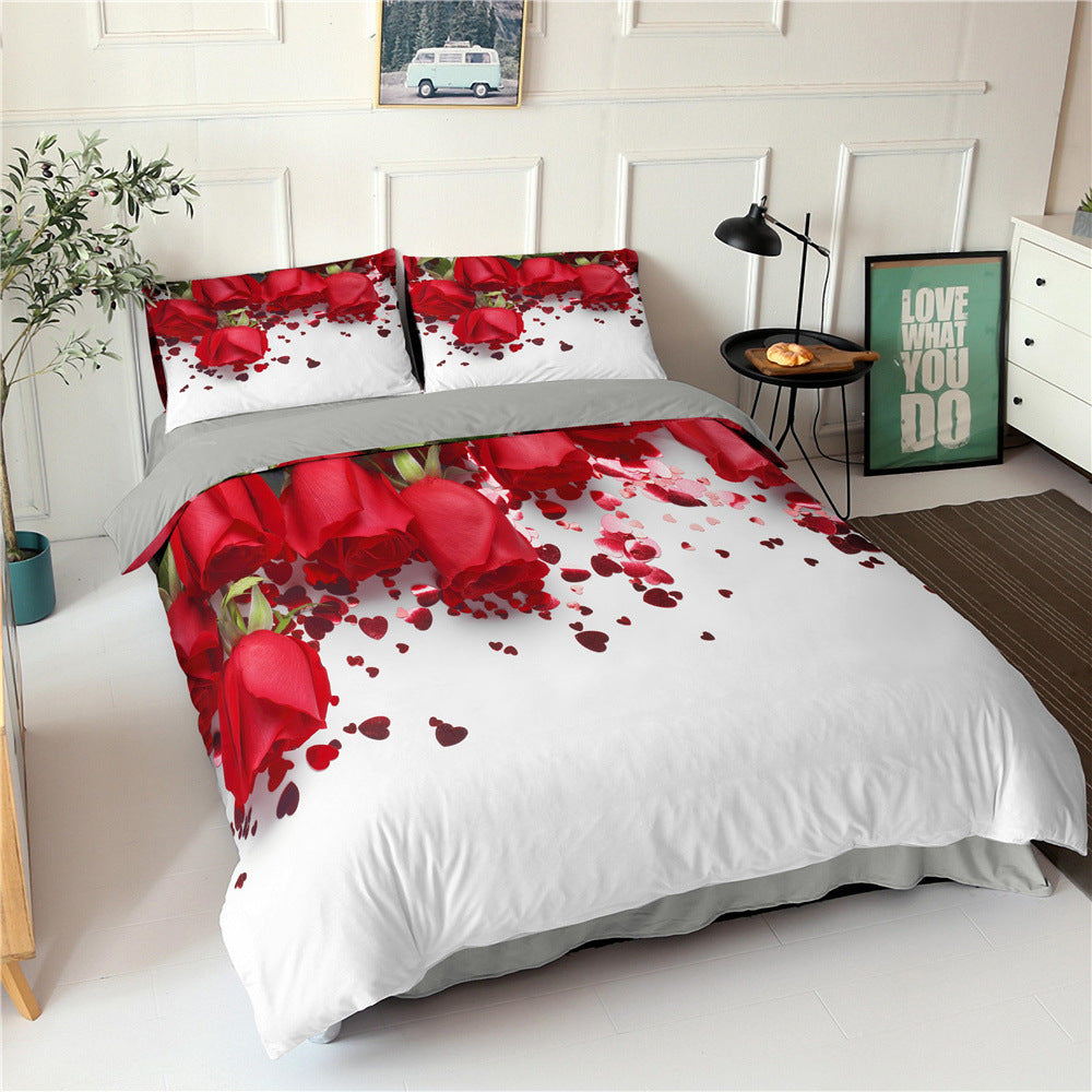 KTX-830355 Digital Printed Rose Flower Three-Piece Bedding Set with Pillowcases in Various Sizes