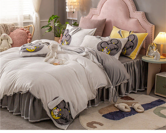 KTX-832659 Coral Velvet Cartoon Anime Duvet Cover Set with Bed Skirt - 4 Pieces in Various Colors