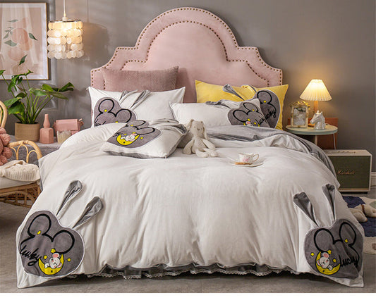 KTX-832659 Coral Velvet Cartoon Anime Duvet Cover Set with Bed Skirt - 4 Pieces in Various Colors