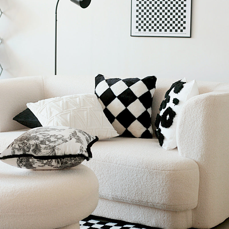 KTX-832787 Luxury Checkerboard Rabbit Fur Cushion Cover 45x45cm