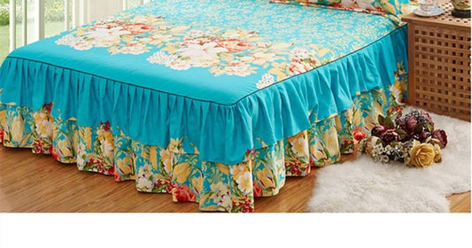 KTX-832979 Cotton Floral Bed Skirt with Matching Pillowcases – Available in Multiple Sizes