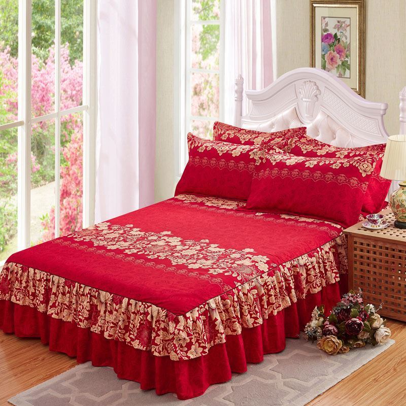 KTX-832979 Cotton Floral Bed Skirt with Matching Pillowcases – Available in Multiple Sizes