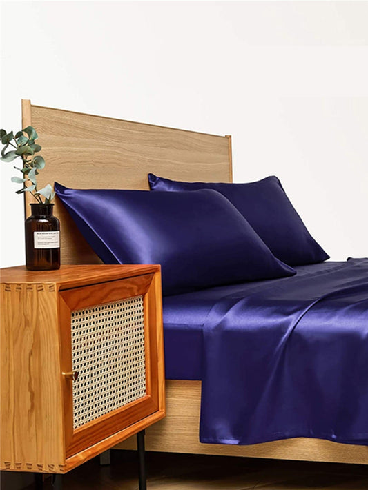 KTX-836883 Navy Blue Four-Piece Satin Silk Bedding Set with Quilt Cover, Bed Sheet, and Pillowcases