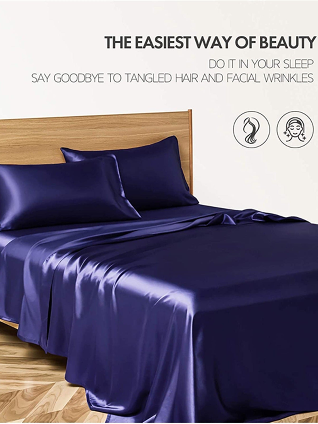 KTX-836883 Navy Blue Four-Piece Satin Silk Bedding Set with Quilt Cover, Bed Sheet, and Pillowcases