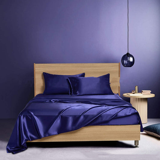 KTX-836883 Navy Blue Four-Piece Satin Silk Bedding Set with Quilt Cover, Bed Sheet, and Pillowcases
