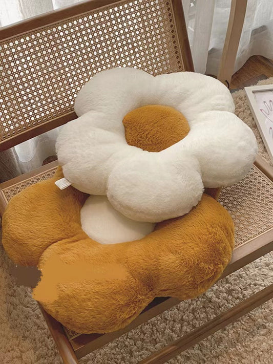 KTX-842707 Fluffy Flower Design Plush Seat Cushion for Sofas, Chairs, and Floors - 48cm Diameter, White and Turmeric