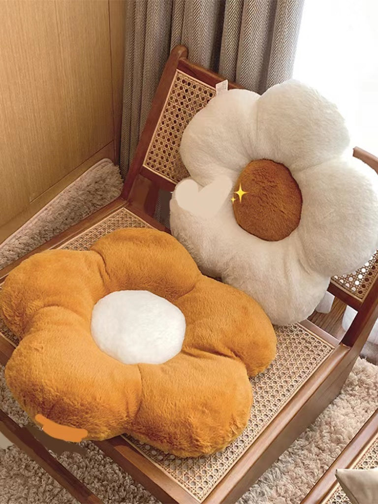 KTX-842707 Fluffy Flower Design Plush Seat Cushion for Sofas, Chairs, and Floors - 48cm Diameter, White and Turmeric