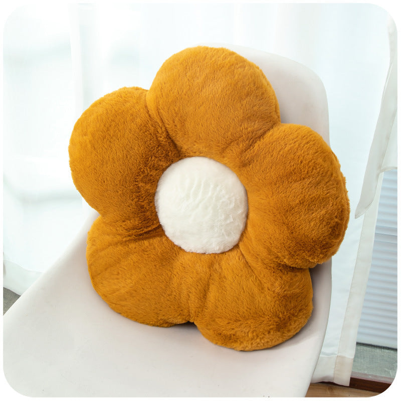 KTX-842707 Fluffy Flower Design Plush Seat Cushion for Sofas, Chairs, and Floors - 48cm Diameter, White and Turmeric