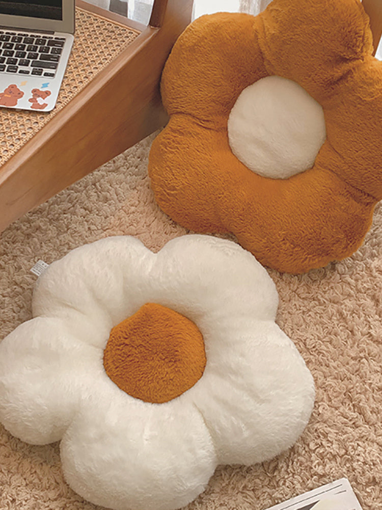 KTX-842707 Fluffy Flower Design Plush Seat Cushion for Sofas, Chairs, and Floors - 48cm Diameter, White and Turmeric
