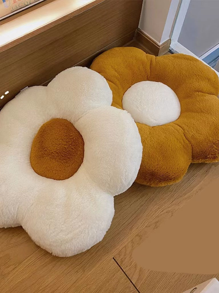 KTX-842707 Fluffy Flower Design Plush Seat Cushion for Sofas, Chairs, and Floors - 48cm Diameter, White and Turmeric