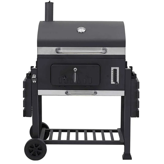 KTX-843219 Cast Iron Grill Smoker with Chimney and Lid, Square Trolley Charcoal Barbecue 152x73x137cm