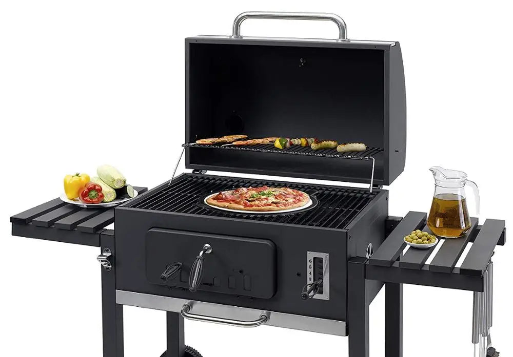 KTX-843219 Cast Iron Grill Smoker with Chimney and Lid, Square Trolley Charcoal Barbecue 152x73x137cm