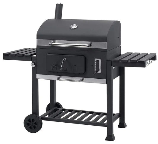 KTX-843219 Cast Iron Grill Smoker with Chimney and Lid, Square Trolley Charcoal Barbecue 152x73x137cm