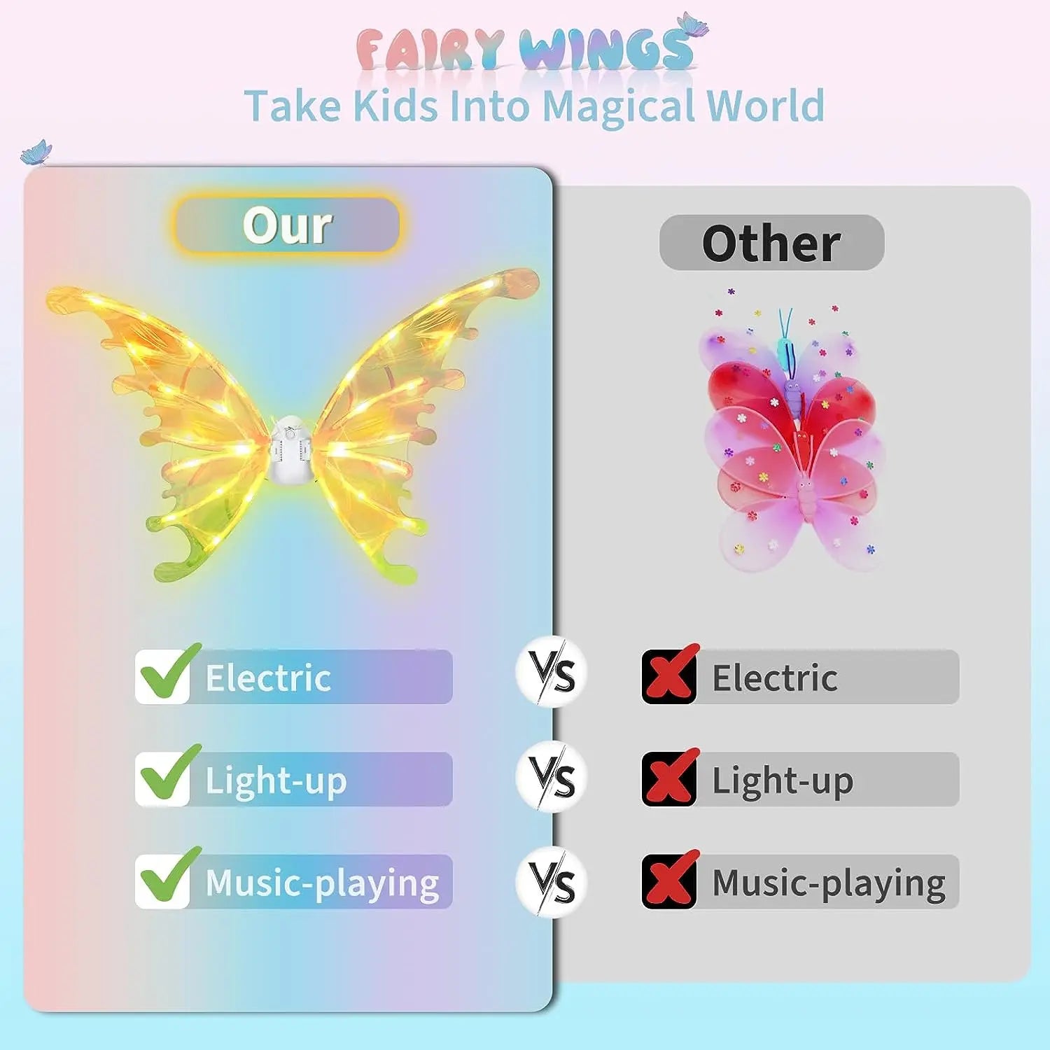 KTX-843539 Glowing Butterfly Wings for Kids - Electric Light Up Fairy Wings, Ages 2-13