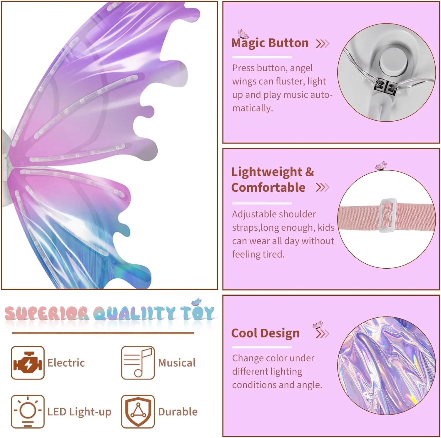 KTX-843539 Glowing Butterfly Wings for Kids - Electric Light Up Fairy Wings, Ages 2-13