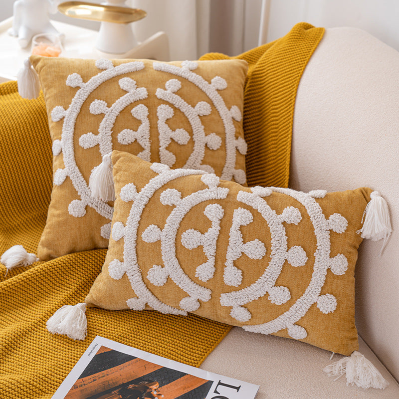 KTX-843667 Handmade Velvet Embroidery Pillow Cover with Tassels – Nordic Style, Available in Multiple Sizes