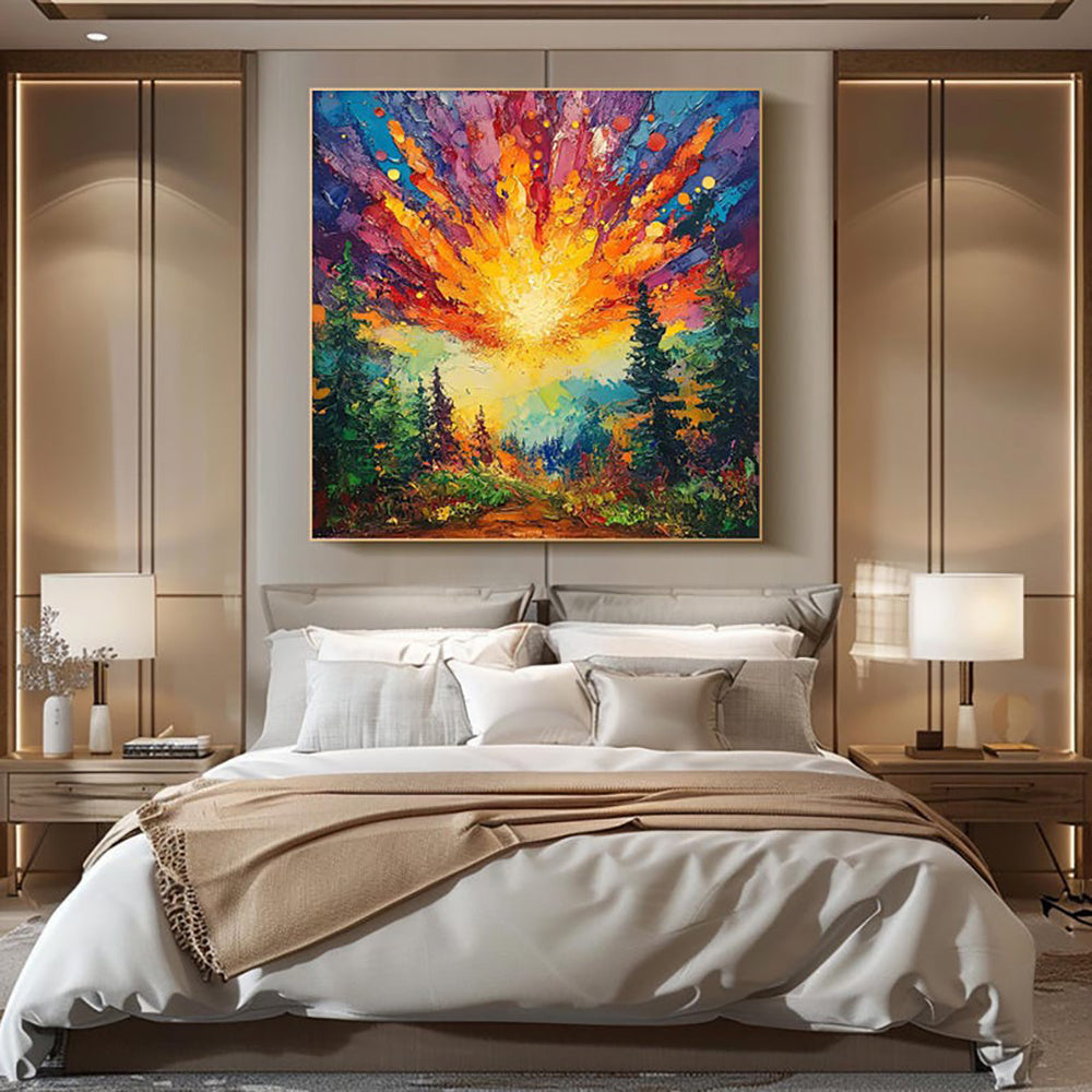KTX-843795 Hand-Painted Oil Painting of Sun Rising in Deep Forest on Canvas - Modern Landscape Art for Home Decoration