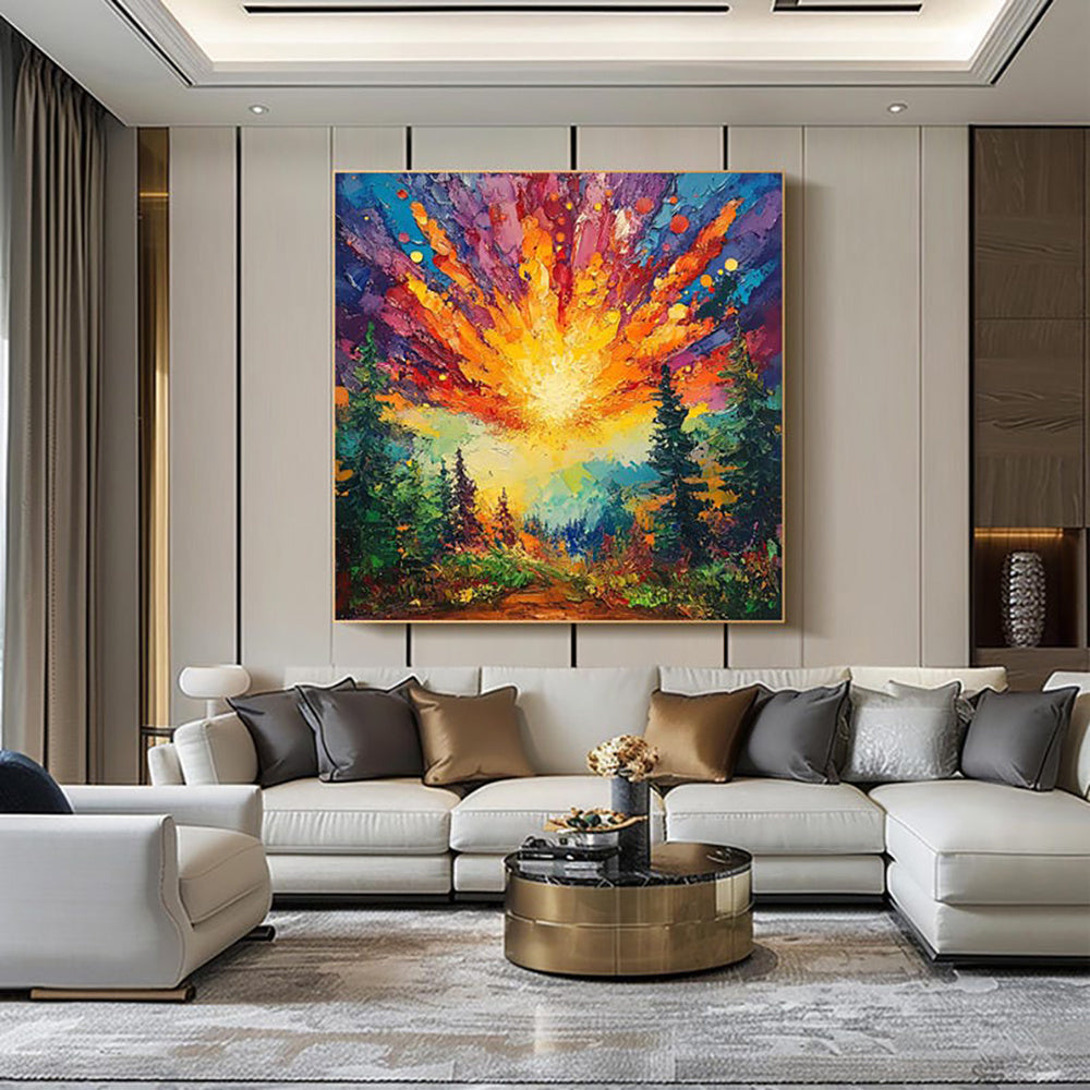 KTX-843795 Hand-Painted Oil Painting of Sun Rising in Deep Forest on Canvas - Modern Landscape Art for Home Decoration