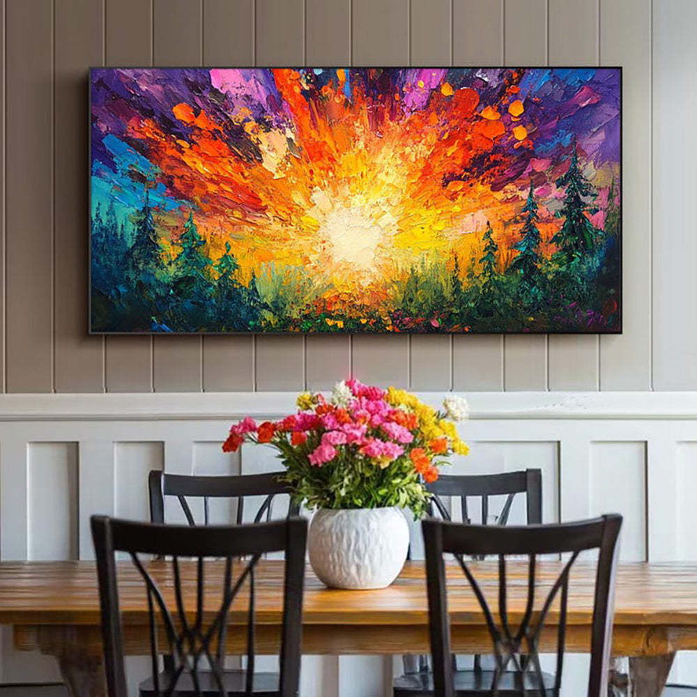 KTX-843795 Hand-Painted Oil Painting of Sun Rising in Deep Forest on Canvas - Modern Landscape Art for Home Decoration