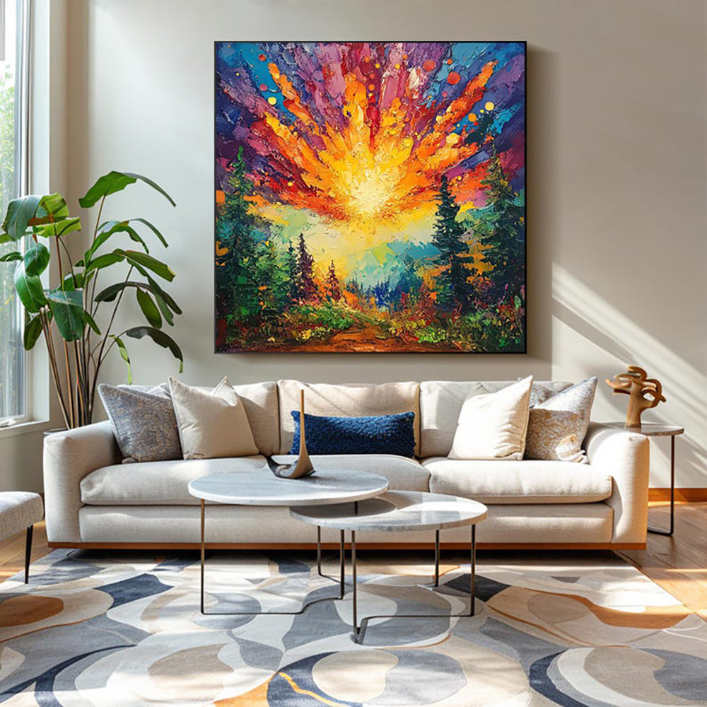 KTX-843795 Hand-Painted Oil Painting of Sun Rising in Deep Forest on Canvas - Modern Landscape Art for Home Decoration
