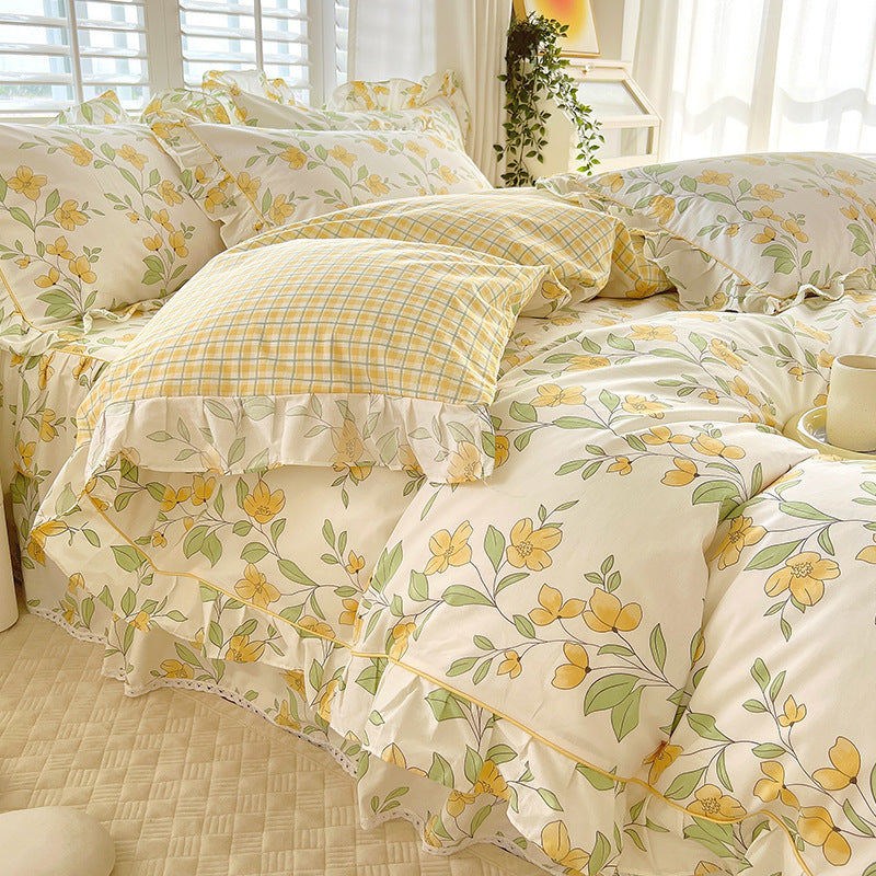 KTX-845331 Cotton Bedding Four-Piece Set with Quilt Cover, Bed Sheet, and Pillowcases in Korean Style