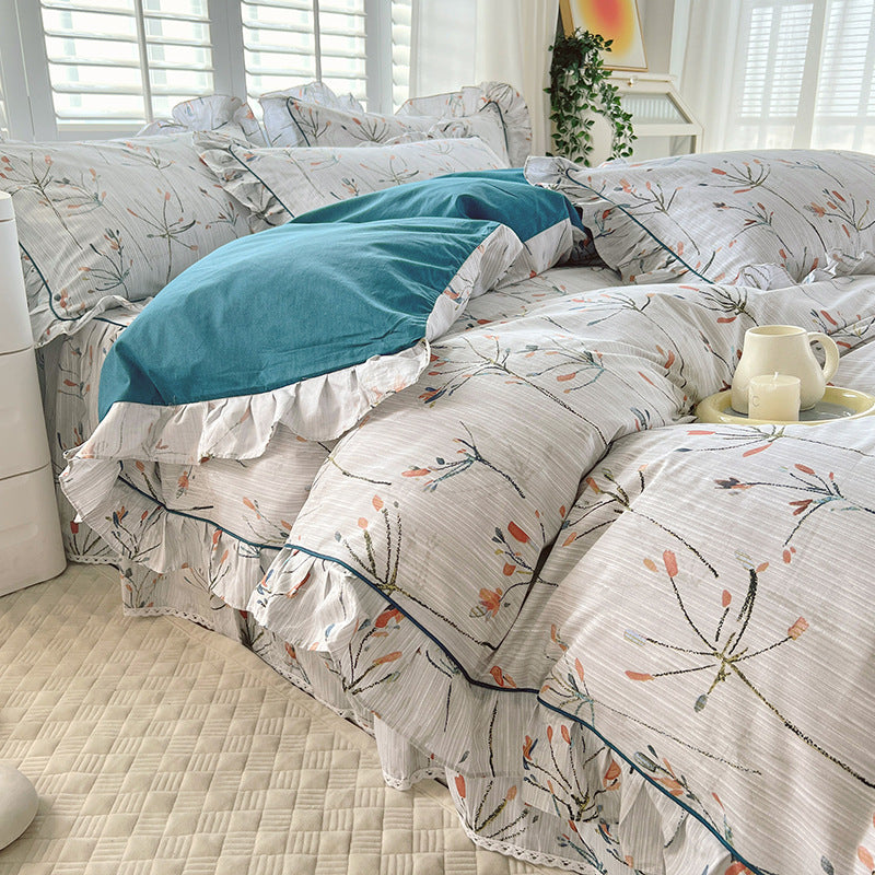 KTX-845331 Cotton Bedding Four-Piece Set with Quilt Cover, Bed Sheet, and Pillowcases in Korean Style