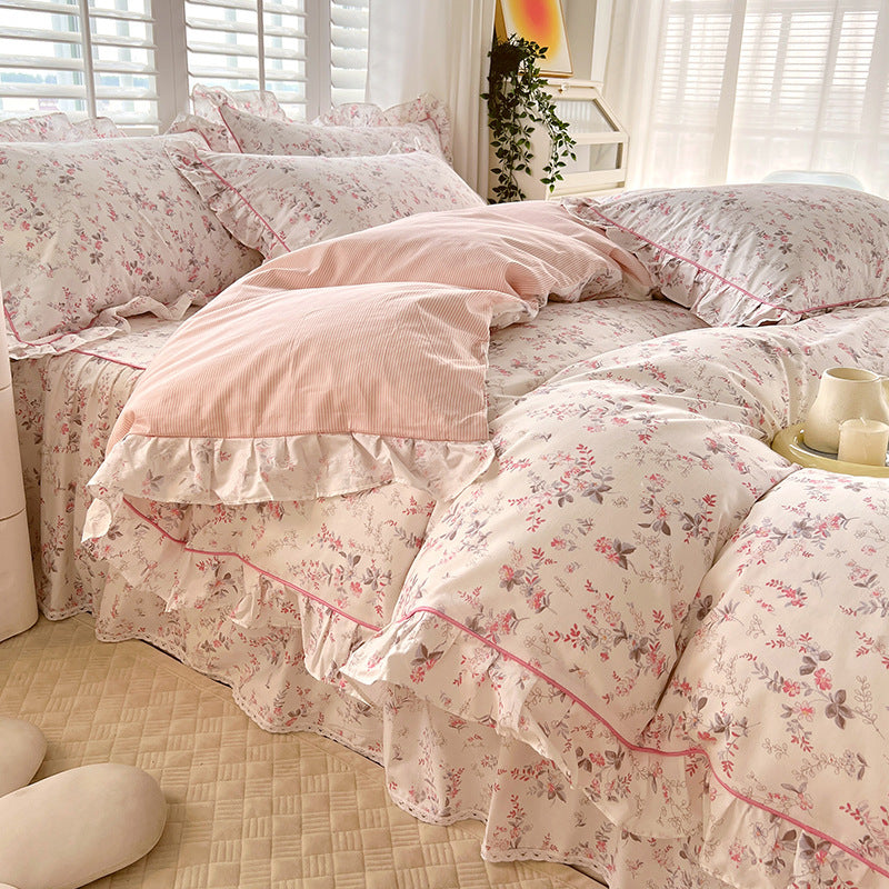 KTX-845331 Cotton Bedding Four-Piece Set with Quilt Cover, Bed Sheet, and Pillowcases in Korean Style