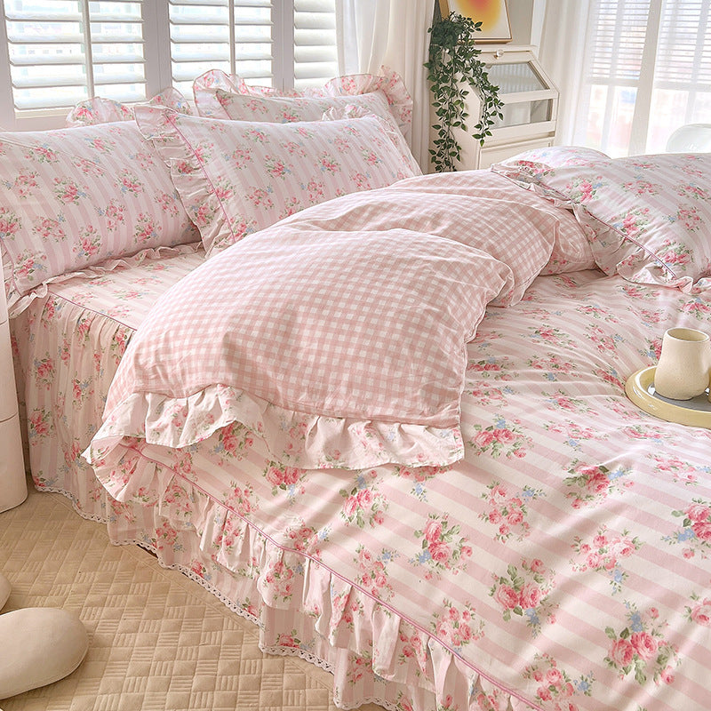 KTX-845331 Cotton Bedding Four-Piece Set with Quilt Cover, Bed Sheet, and Pillowcases in Korean Style