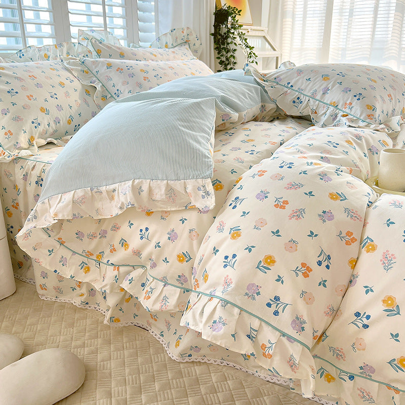 KTX-845331 Cotton Bedding Four-Piece Set with Quilt Cover, Bed Sheet, and Pillowcases in Korean Style